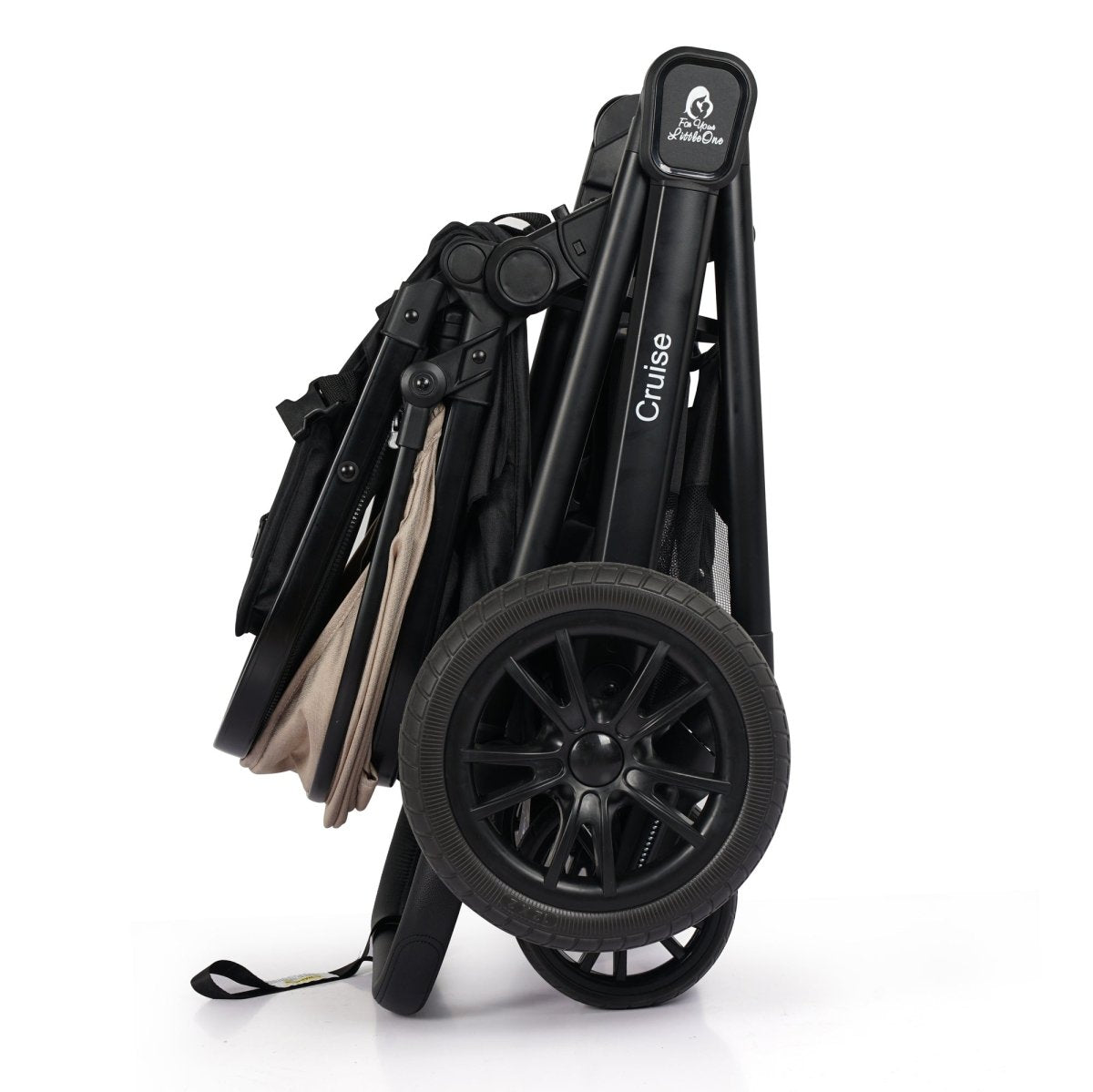Black folding stroller with 'Cruze' branding on a white background