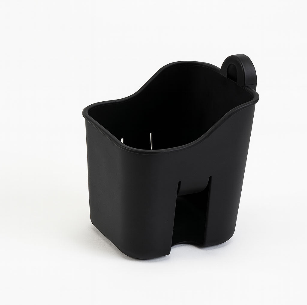 Black plastic cup holder on a white background