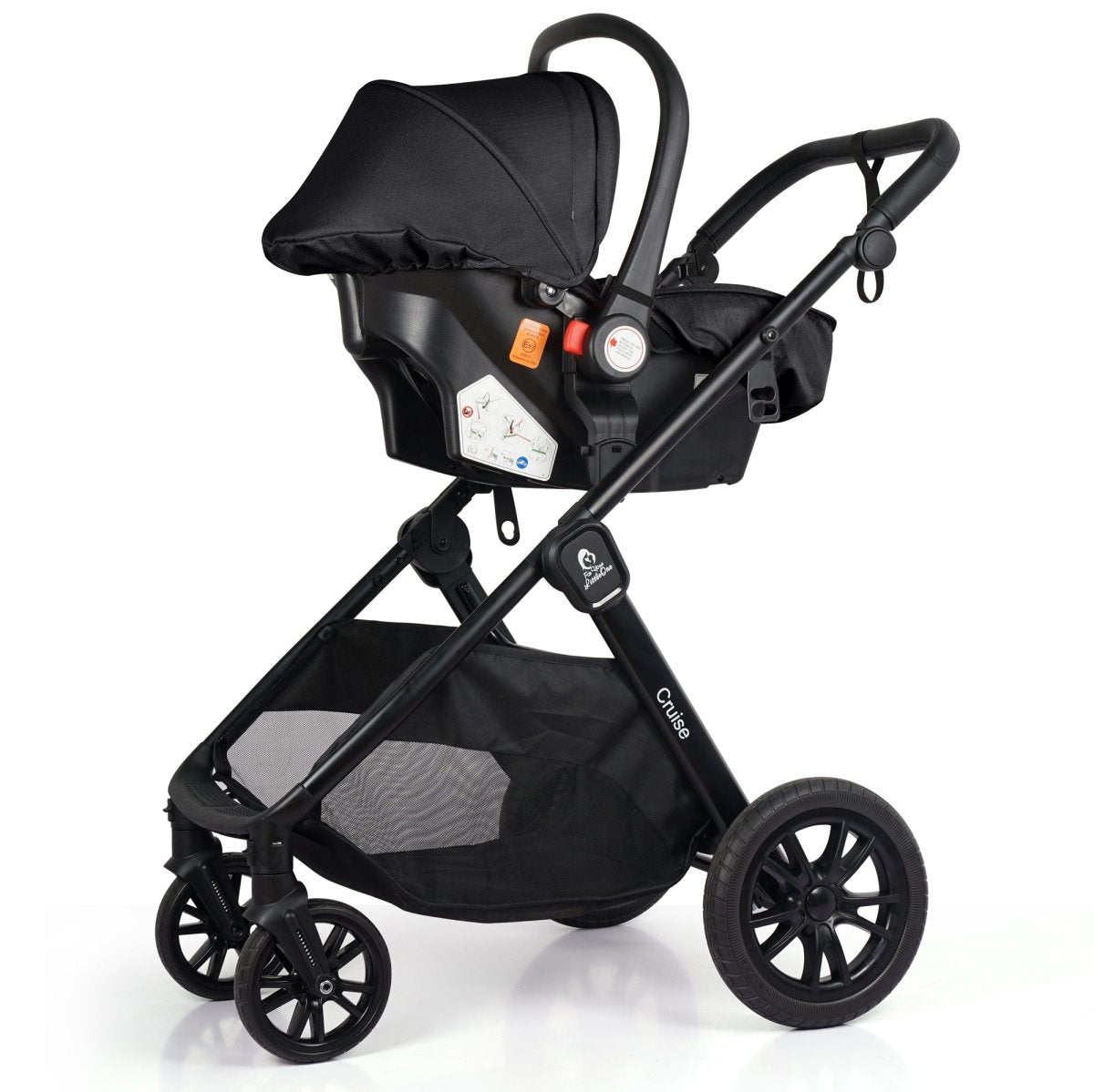 Black baby stroller with canopy on a white background
