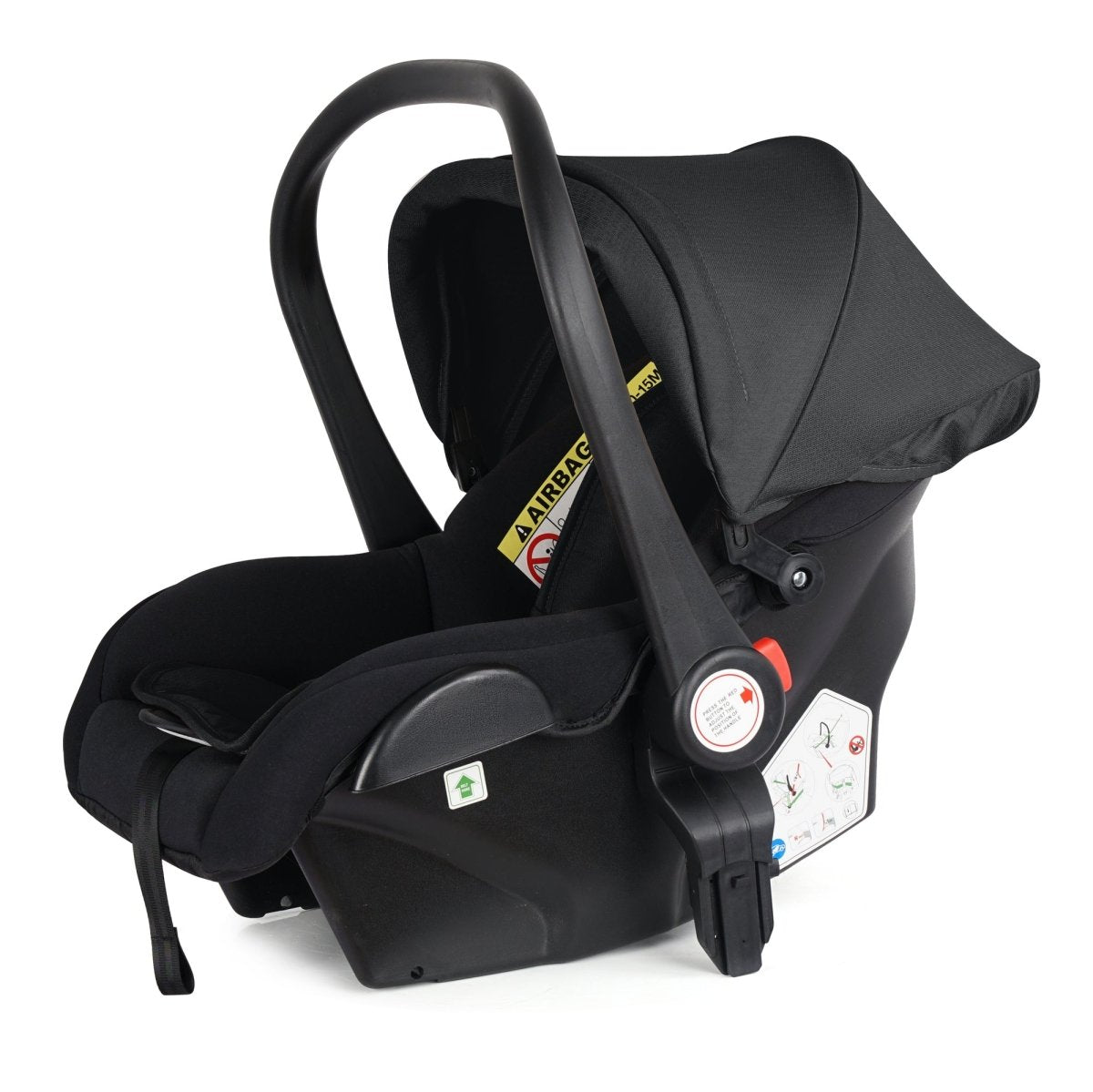 Black baby car seat with safety features on a white background