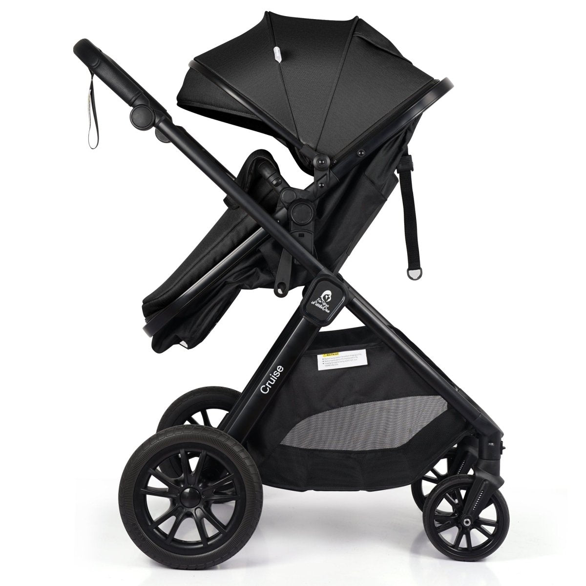 Black stroller with canopy on a white background