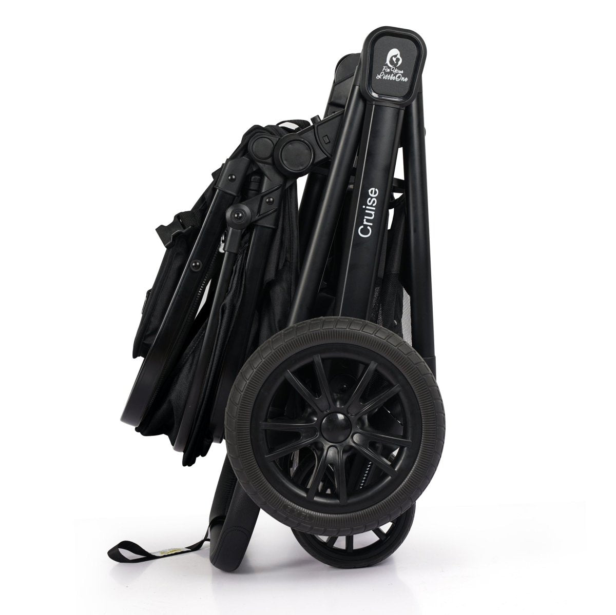 Black folding stroller with 'Cruze' branding on a white background