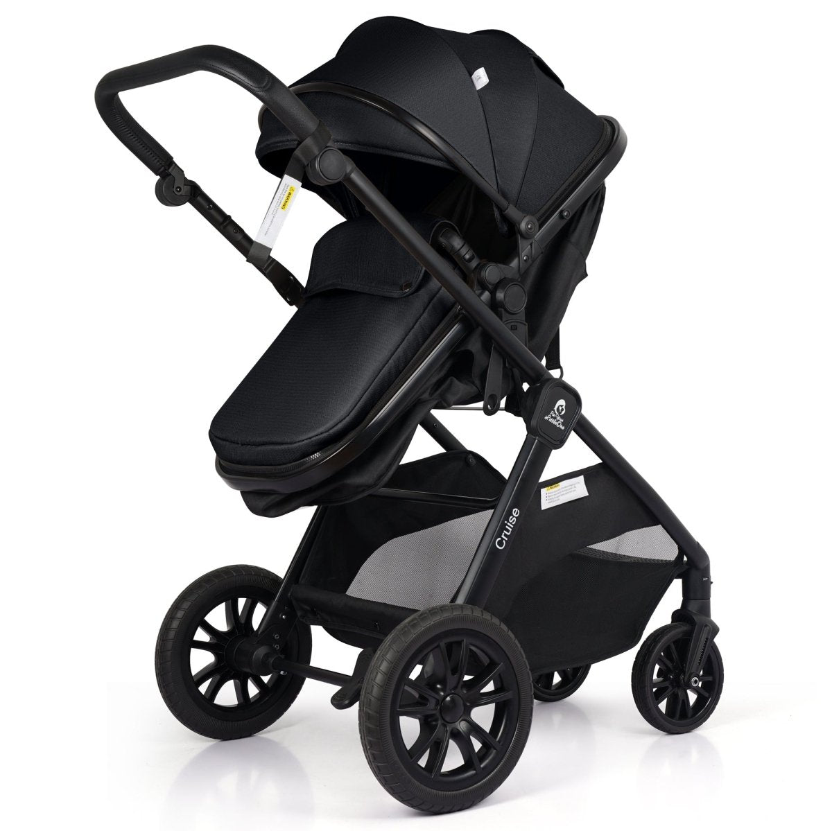 Black baby stroller on a white background