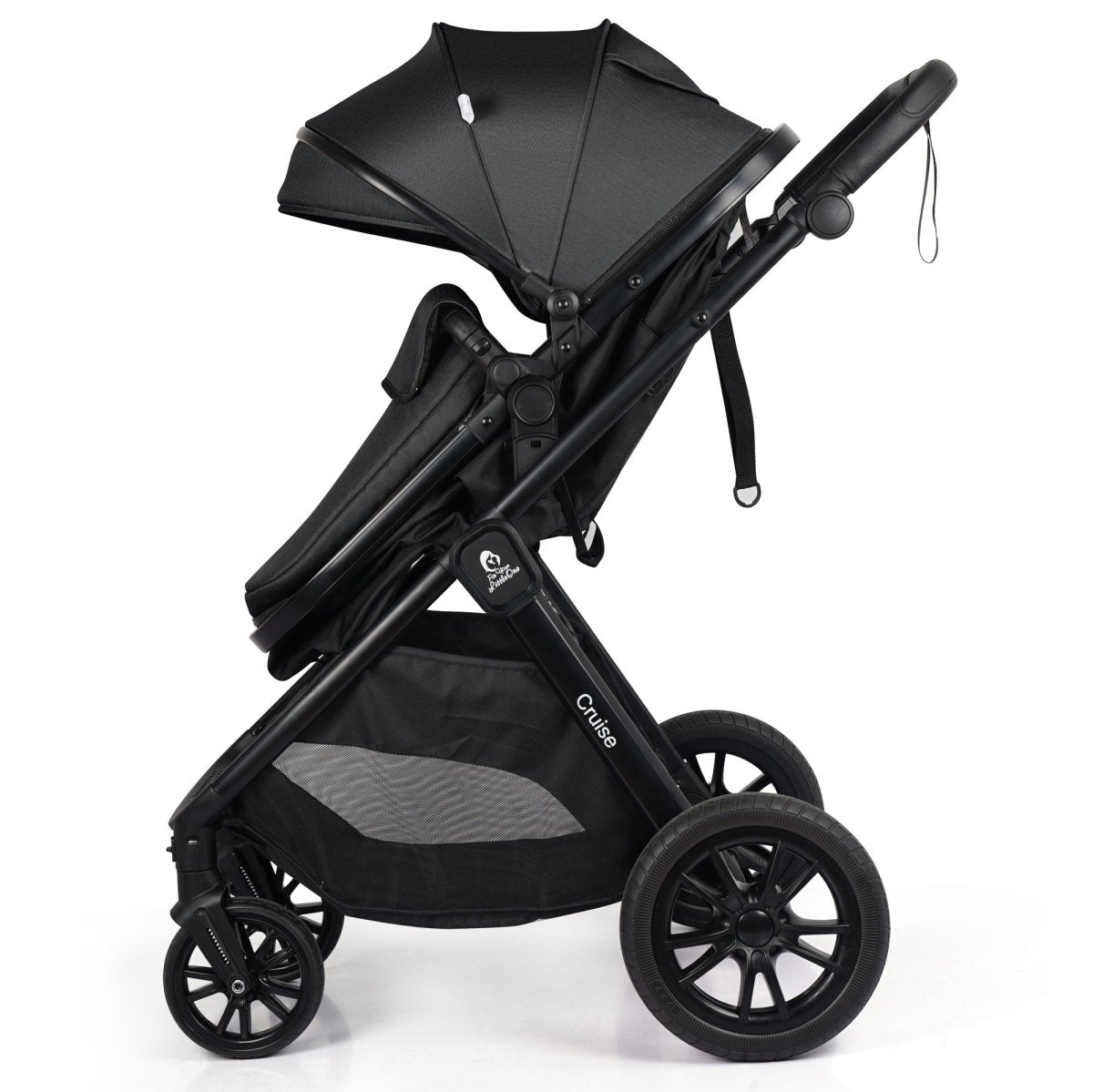 Black stroller with canopy on a white background