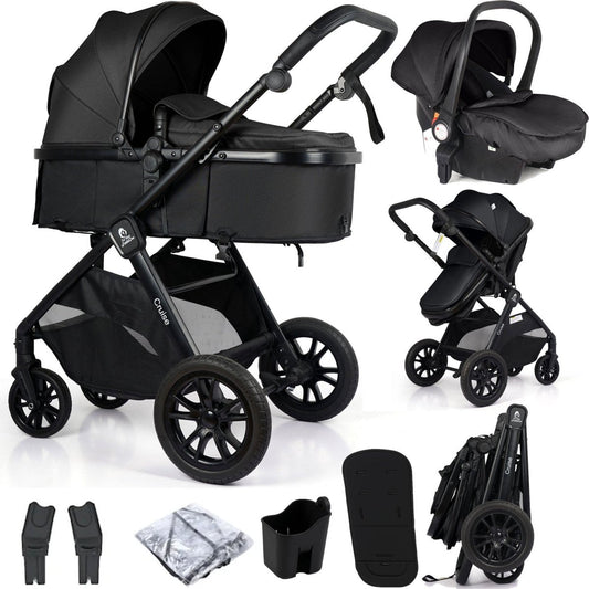 Black baby stroller and car seat set with accessories on a white background