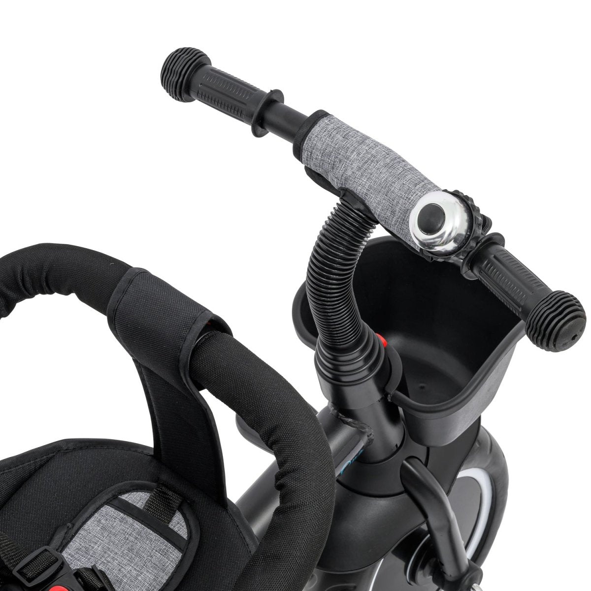 Close-up of a black scooter with handlebar and seat on a white background