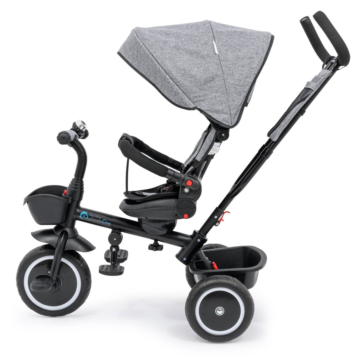 Black and gray baby tricycle with canopy on a white background
