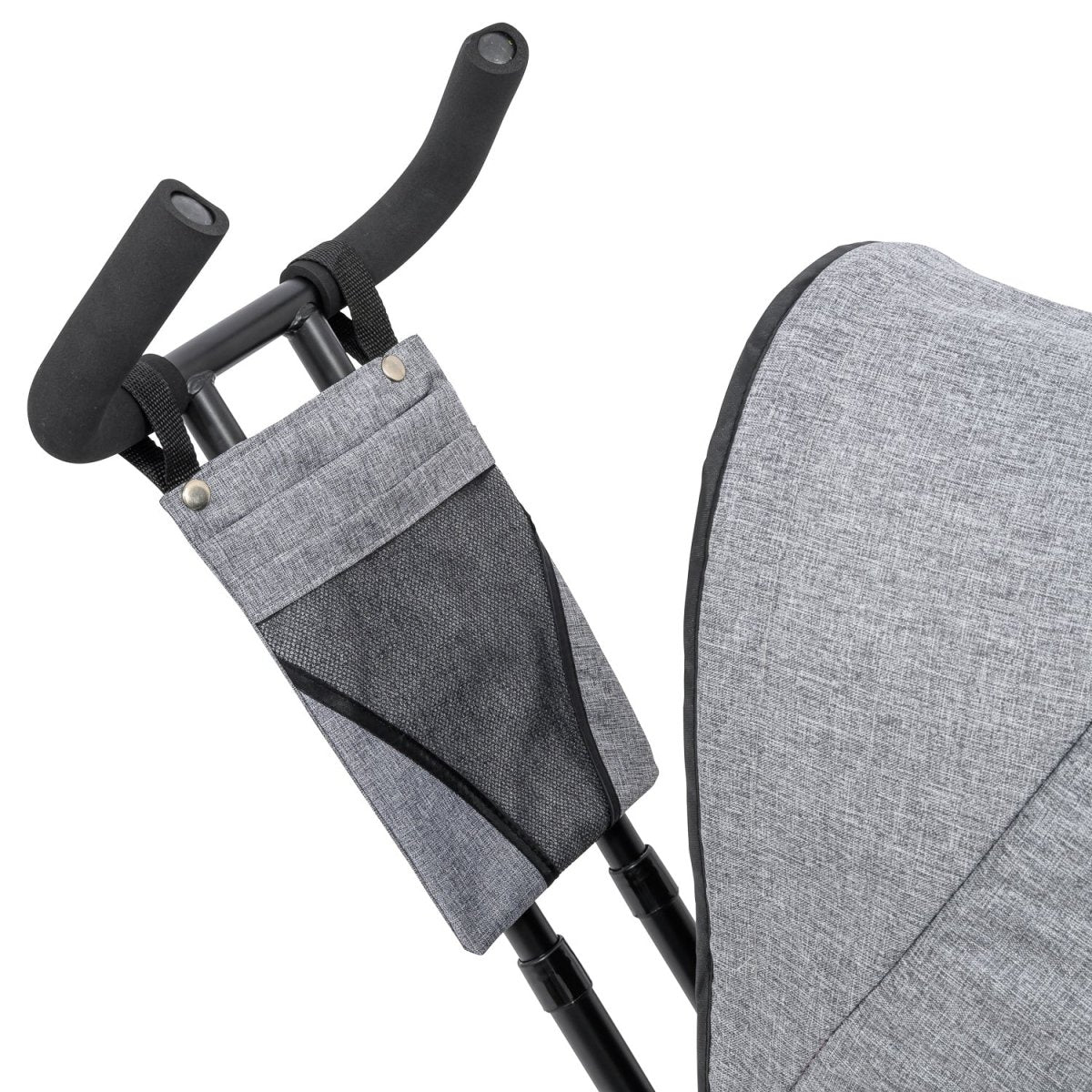 Gray stroller with a folded tray attached on a white background