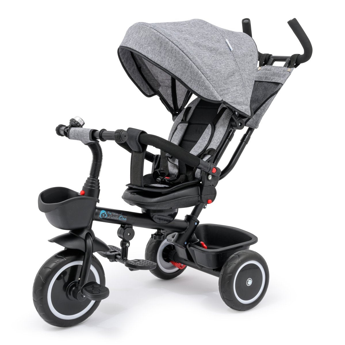 Black and gray baby tricycle with canopy on a white background