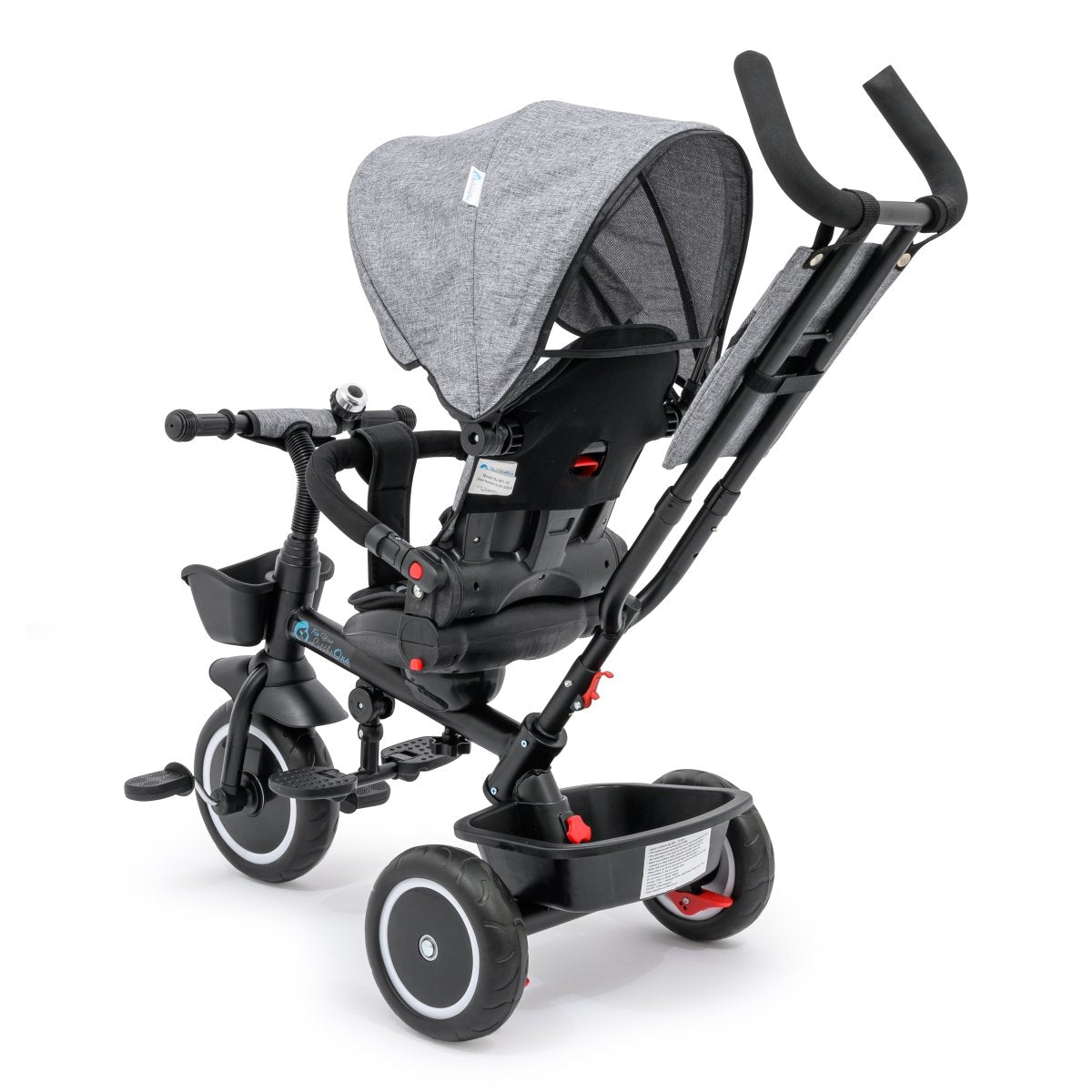 Black and gray baby stroller on a white background