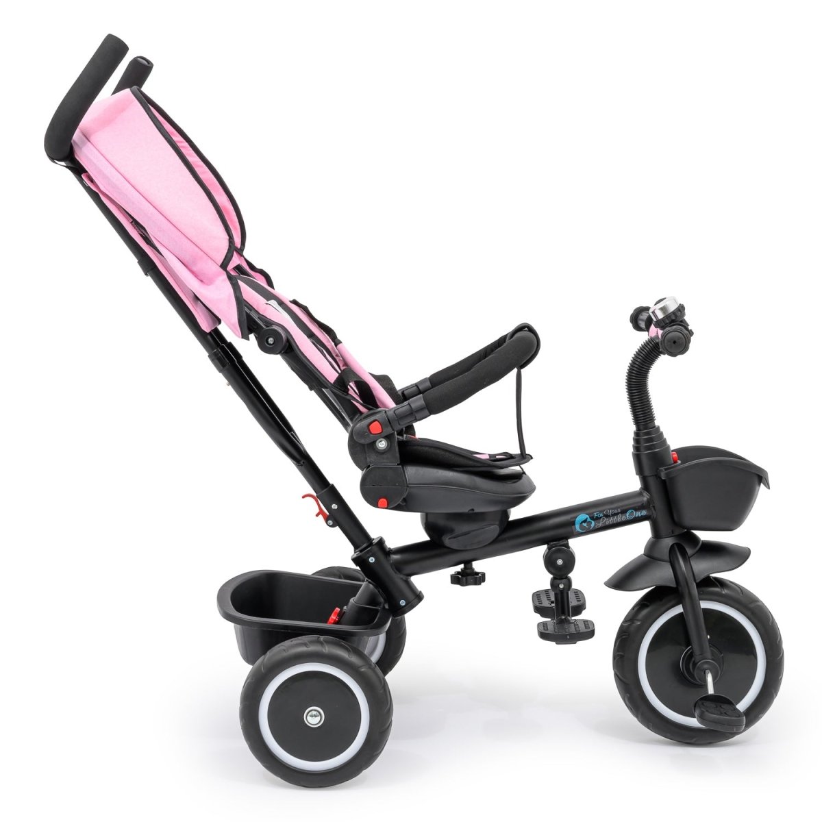Pink and black tricycle on a white background