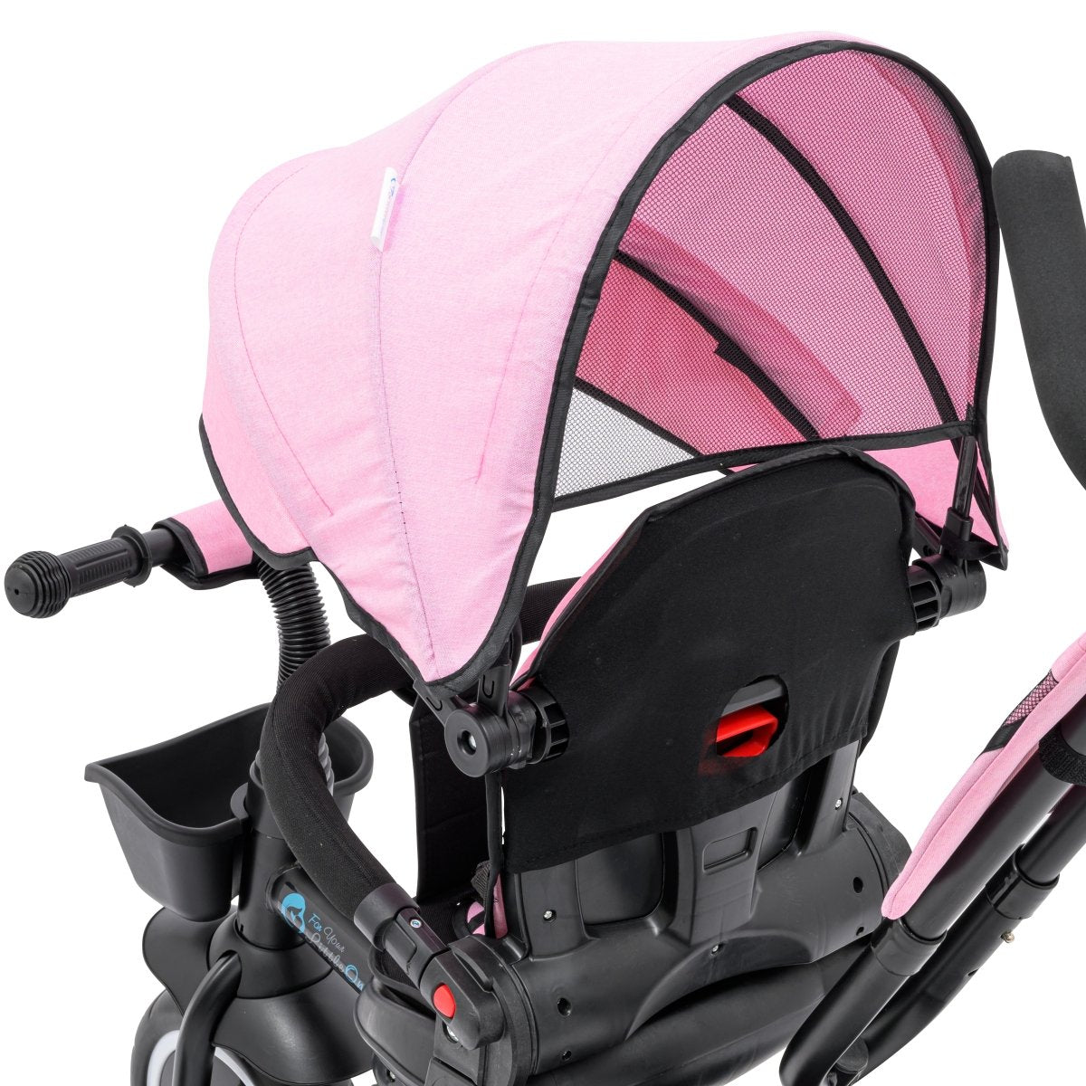 Pink and black baby stroller with canopy on a white background