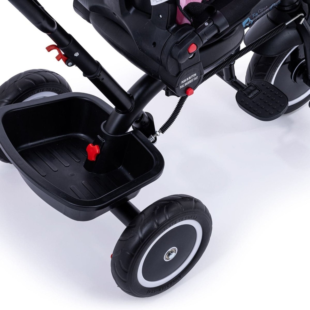 Close-up of a black stroller with a white background