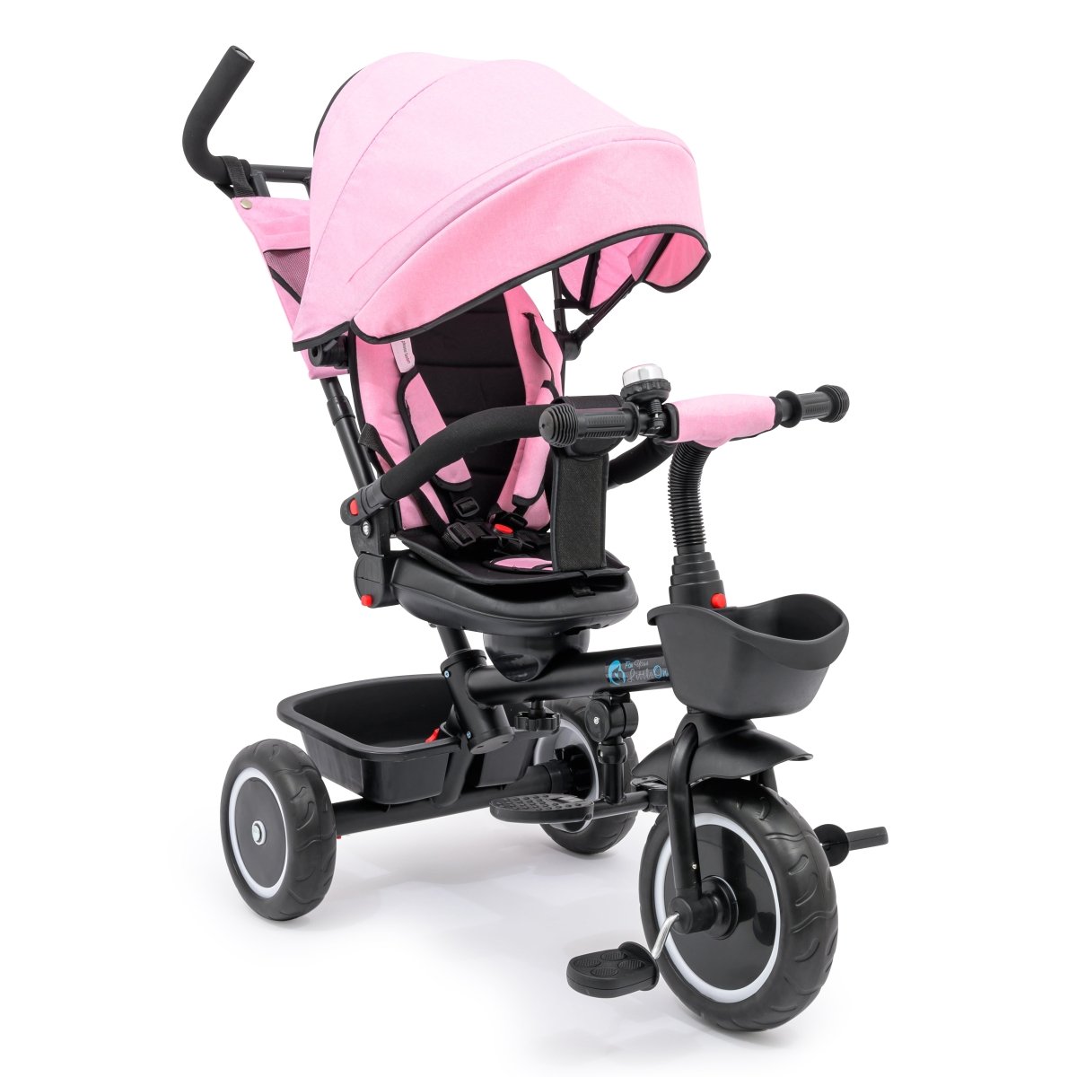 Pink and black baby tricycle on a white background