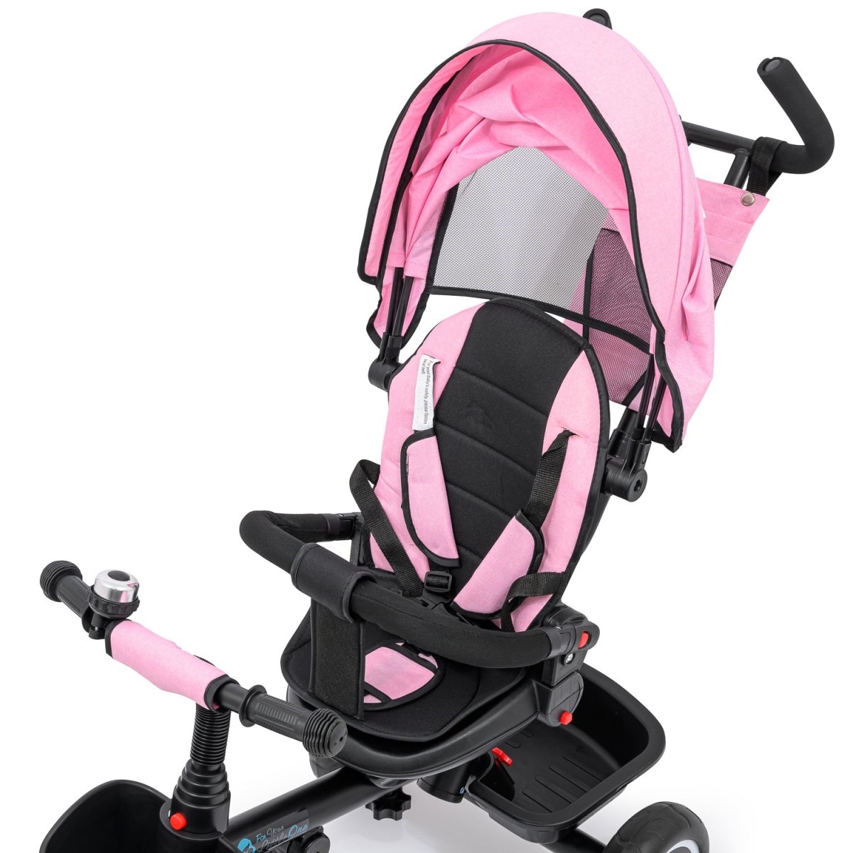 Pink and black stroller on a white background