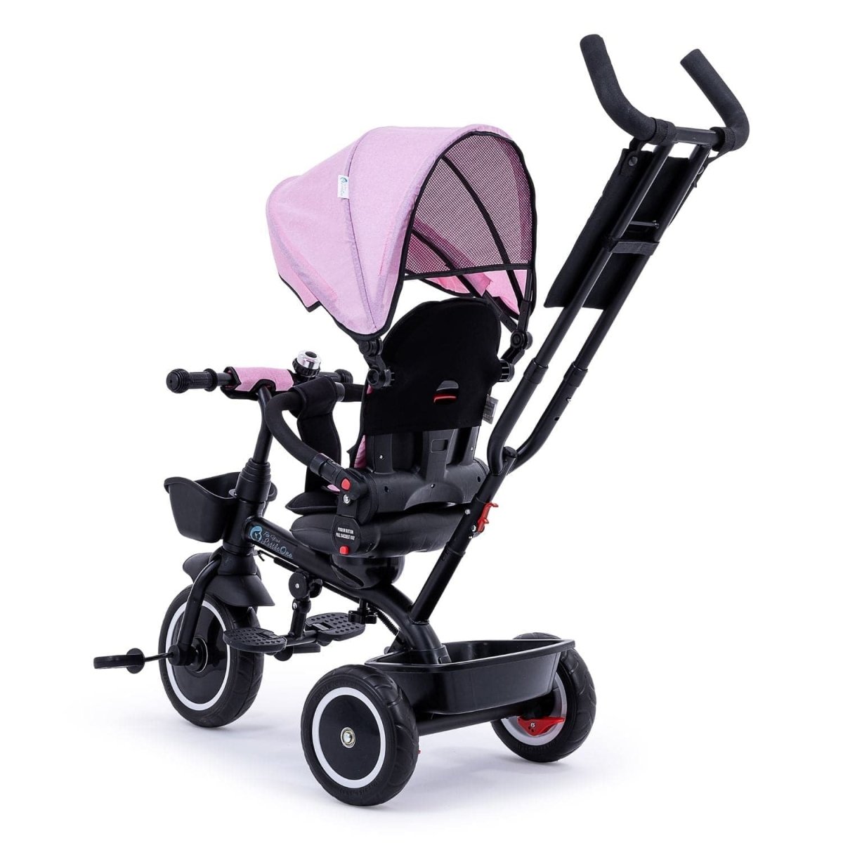 Black and pink baby tricycle with canopy on a white background