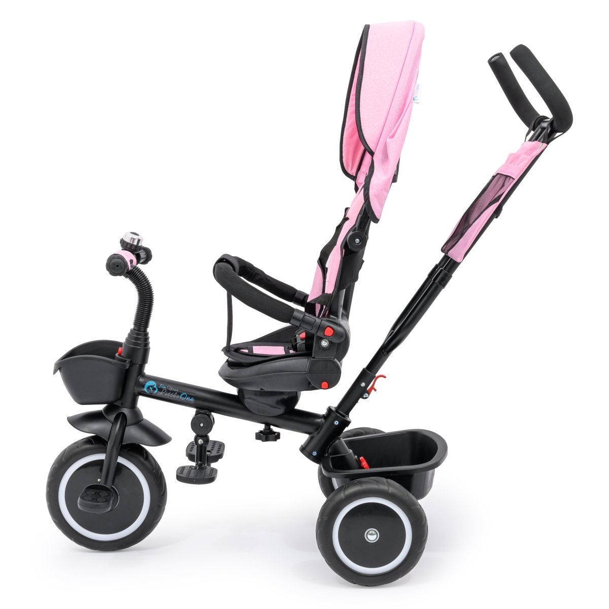 Pink and black baby tricycle on a white background