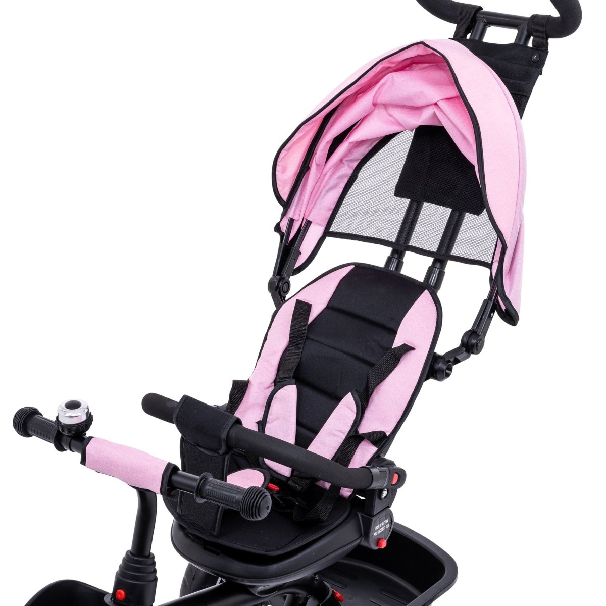 Pink and black baby stroller with canopy on a white background