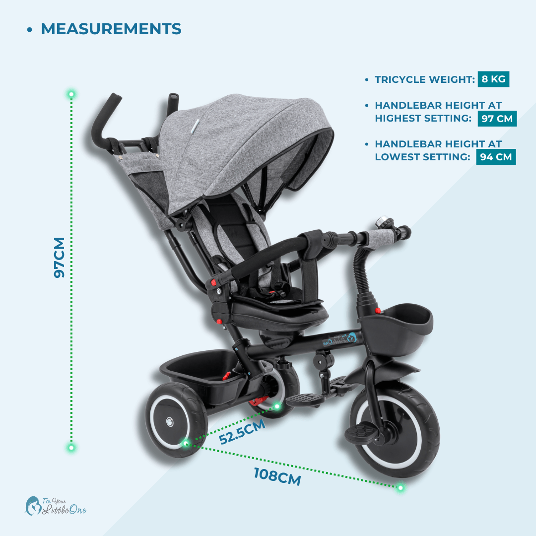 Baby tricycle with measurements on a light blue background