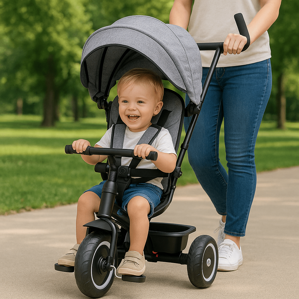 Child in a gray stroller being pushed by an adult on a path with greenery in the background