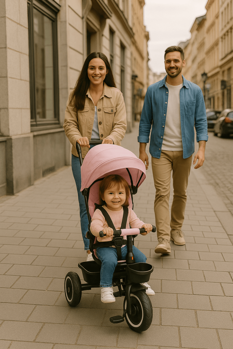 Family with a child on a tricycle walking down a city street.