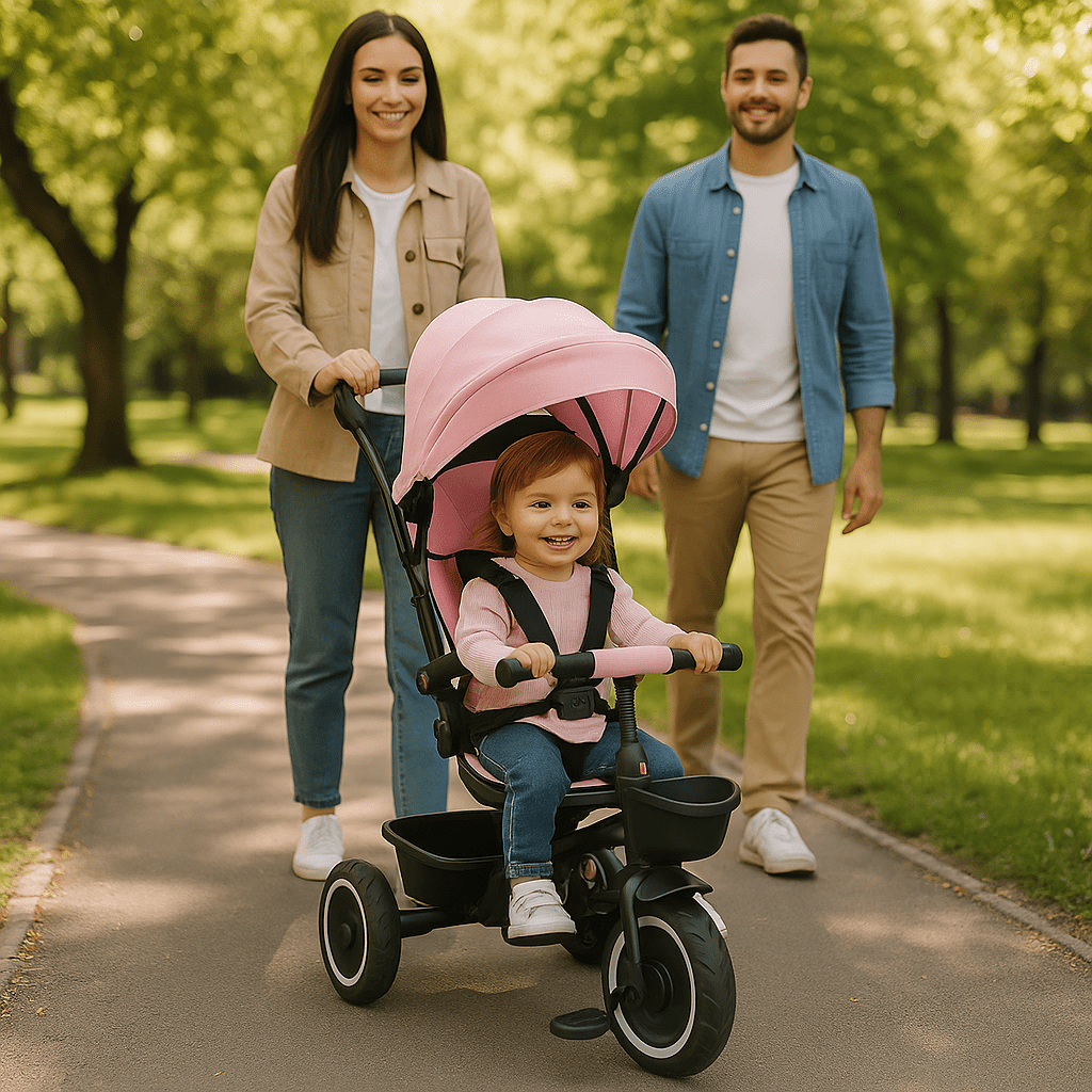 Family with a child on a tricycle in a park
