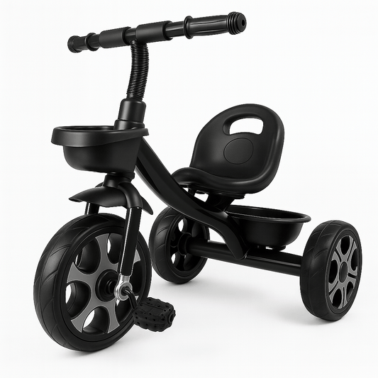 Black tricycle with handlebar and seat on a white background