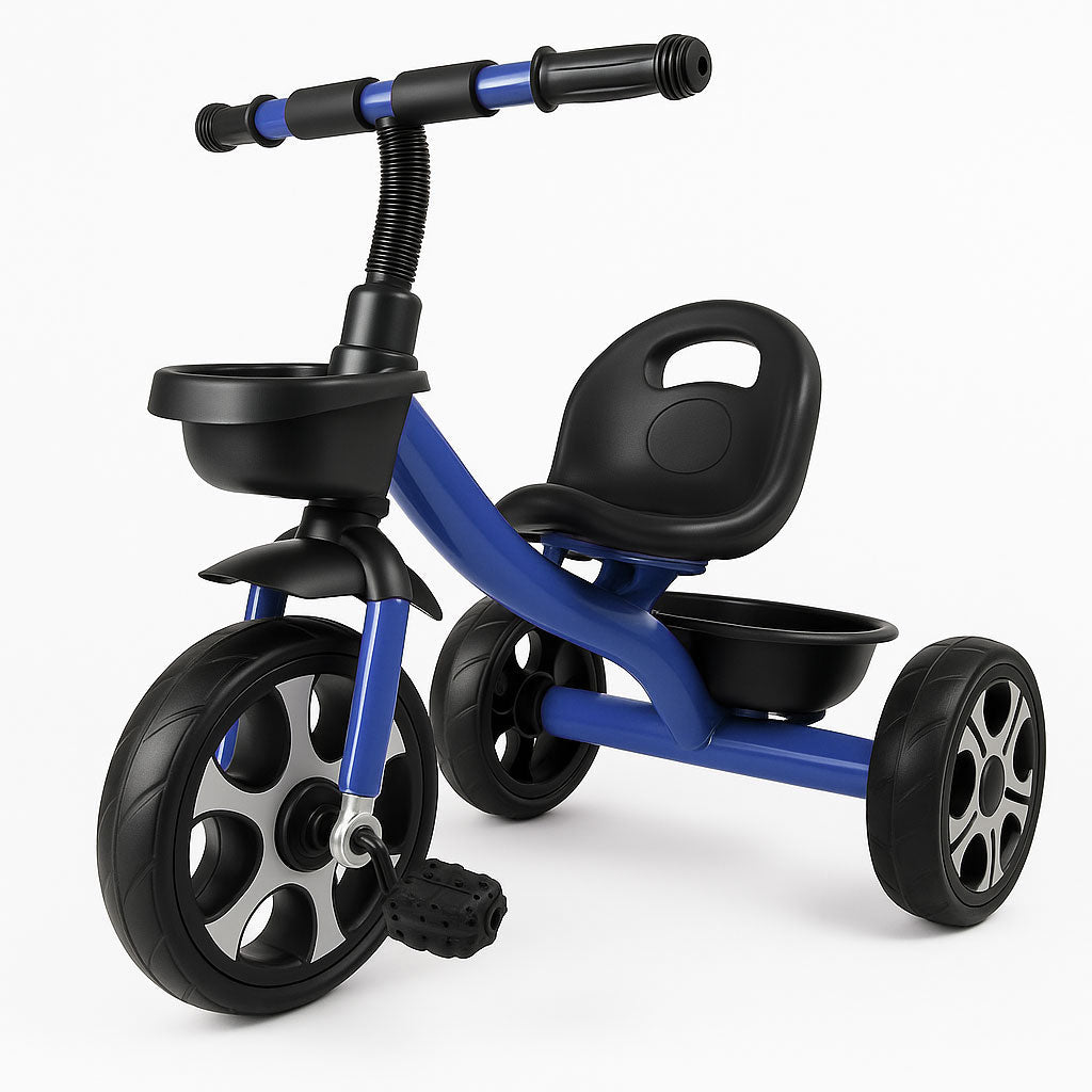 Blue and black tricycle on a white background