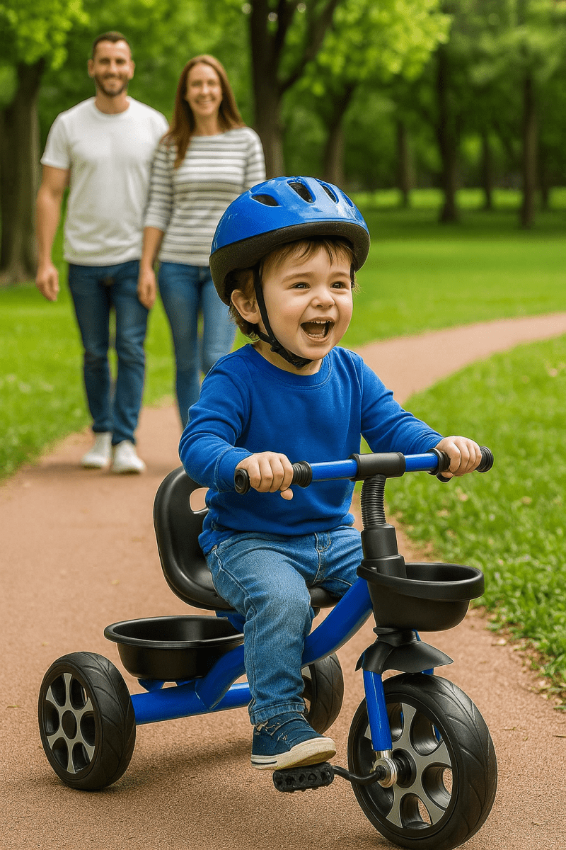 Child riding a tricycle in a park with parents in the background