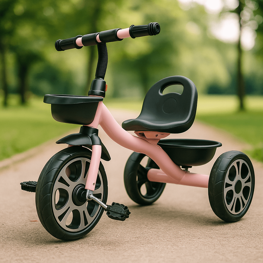 Pink and black tricycle on a path with greenery in the background