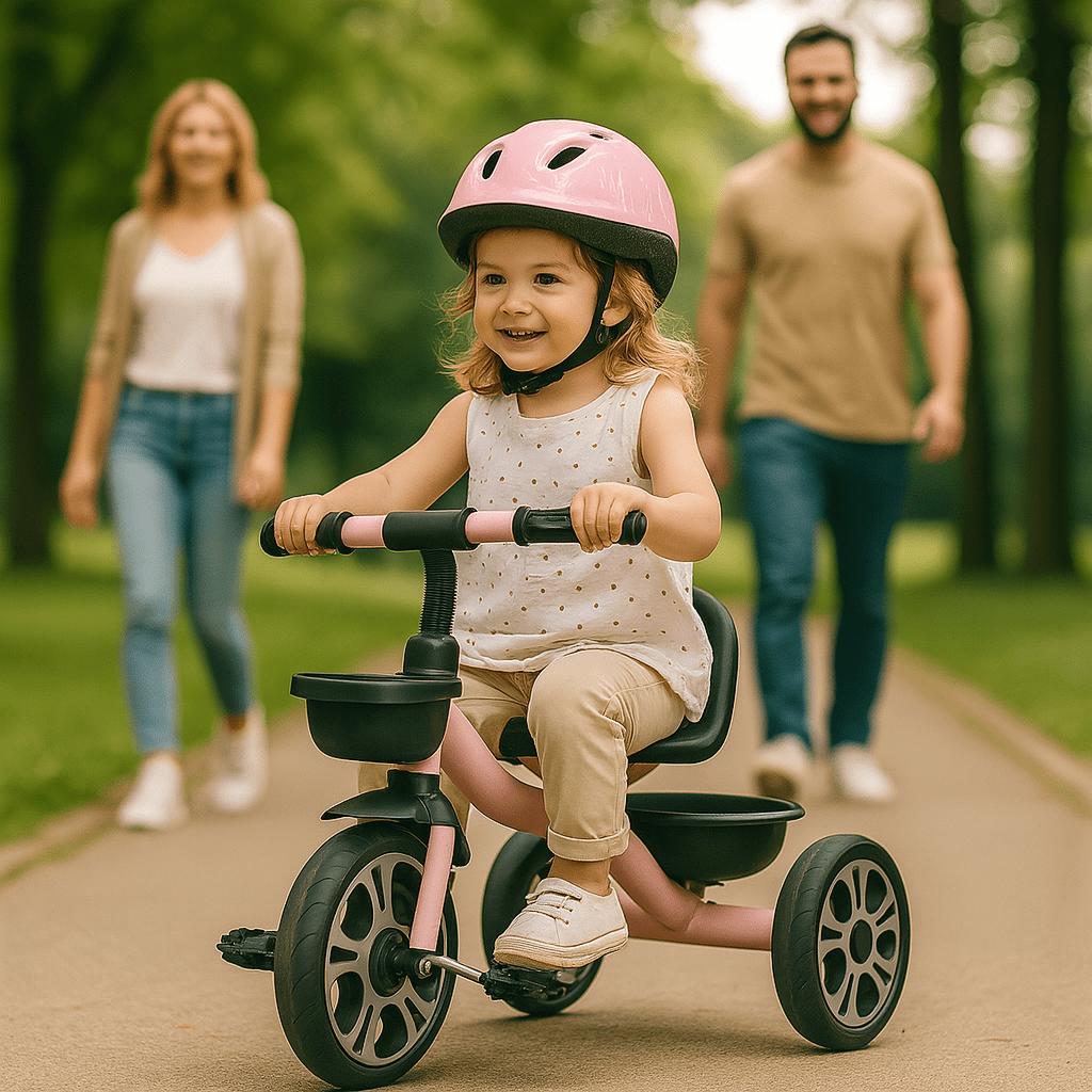 Child riding a tricycle with parents in the background on a path