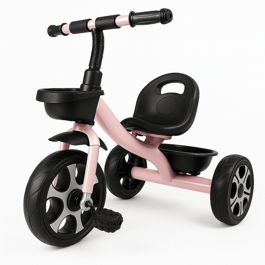 Pink and black tricycle on a white background