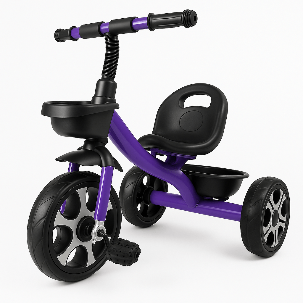 Purple and black tricycle on a white background