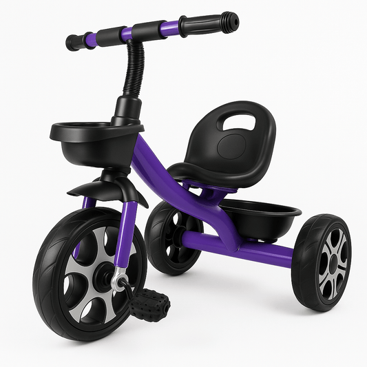 Purple and black tricycle on a white background