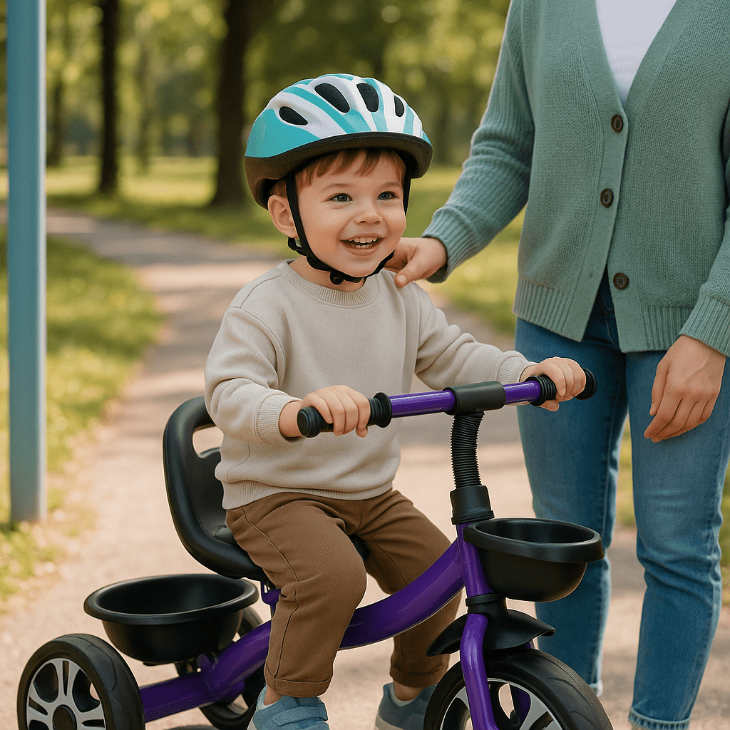 Child riding a tricycle with a helmet, supervised by an adult in a park.