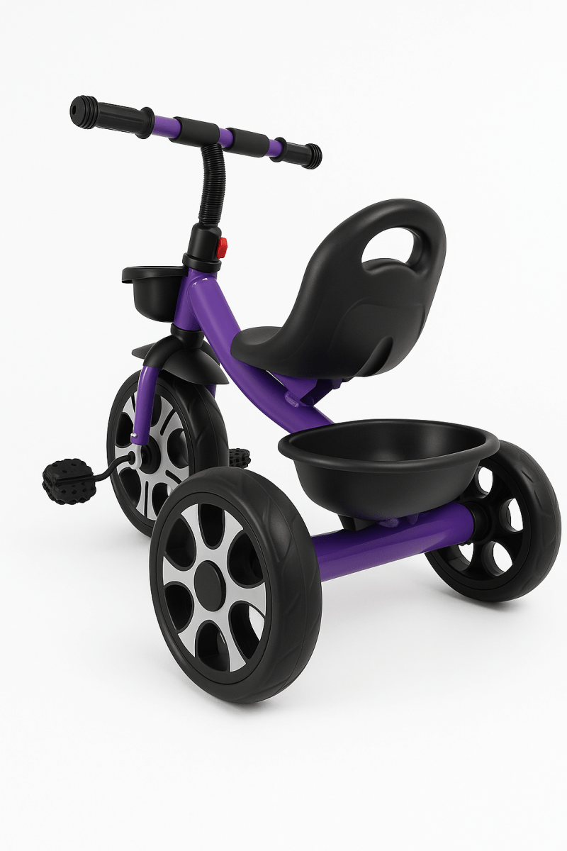Purple and black tricycle on a white background
