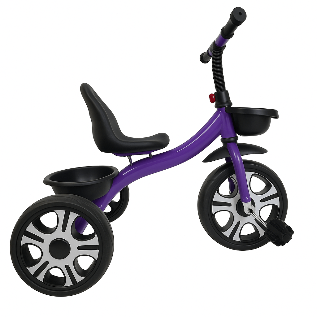 Purple tricycle with black seat and wheels on a white background