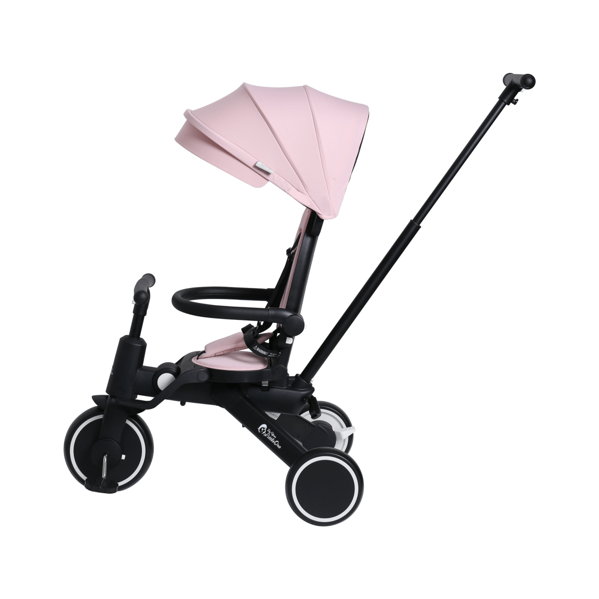Black baby stroller with pink canopy on a white background