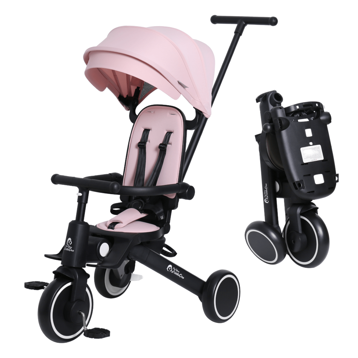 Pink and black baby stroller with canopy on a white background