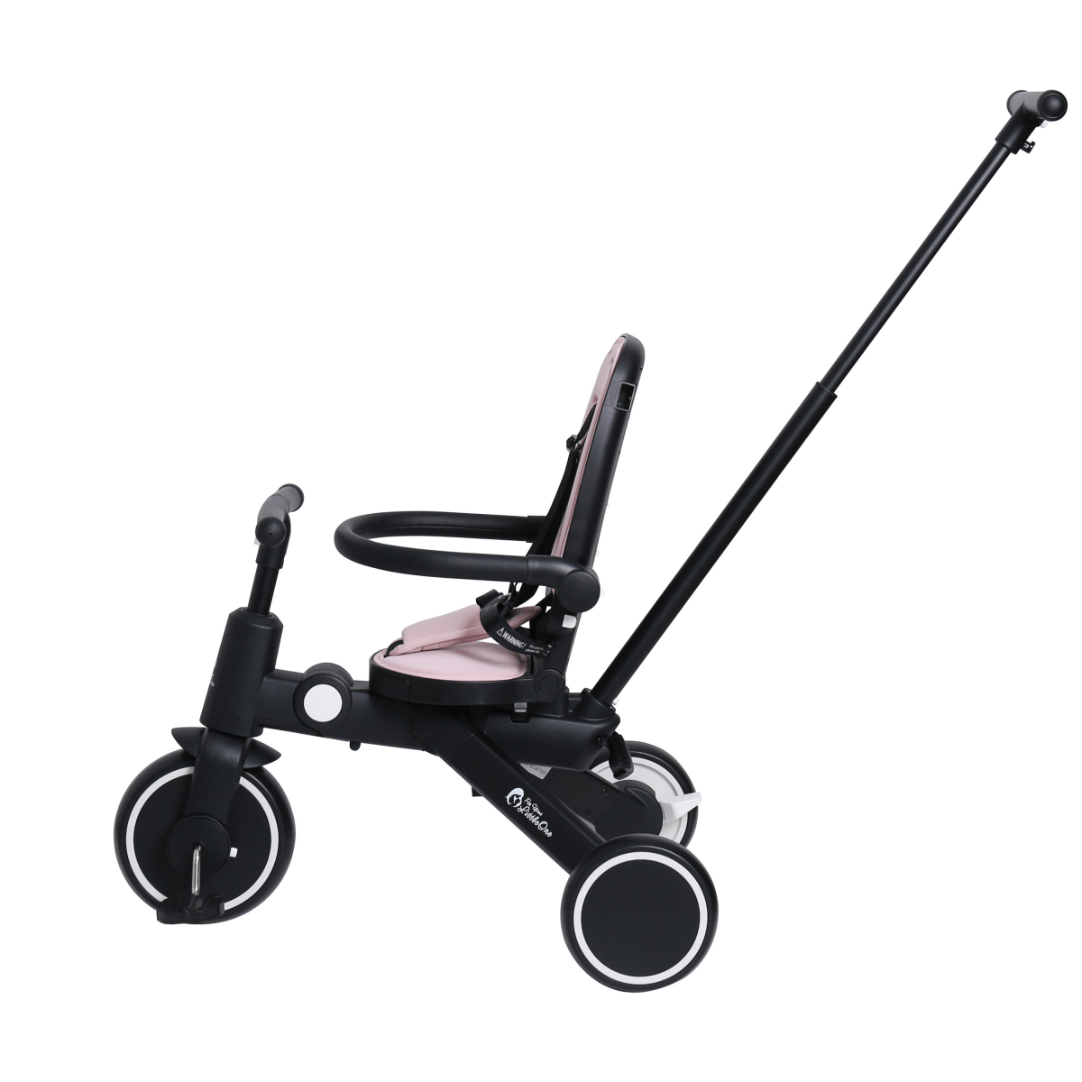 Black children's tricycle with pink seat on a white background