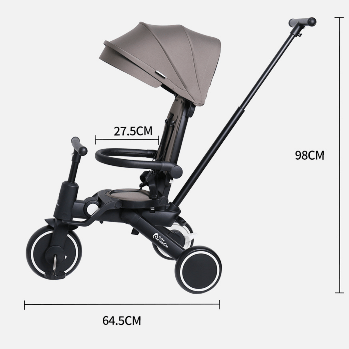 Baby stroller with dimensions labeled on a white background