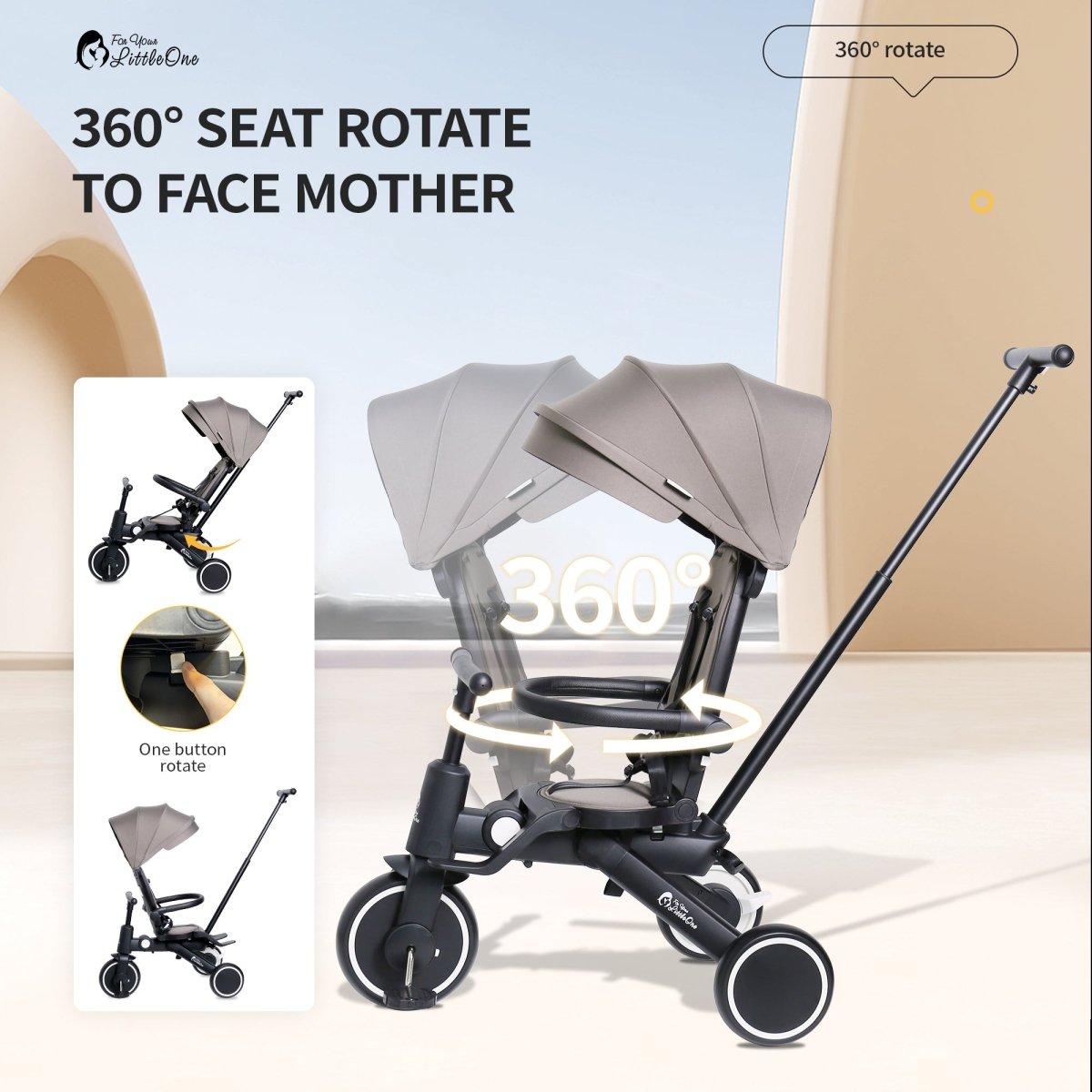 Baby stroller with a 360-degree seat rotation feature, shown with a beige canopy.