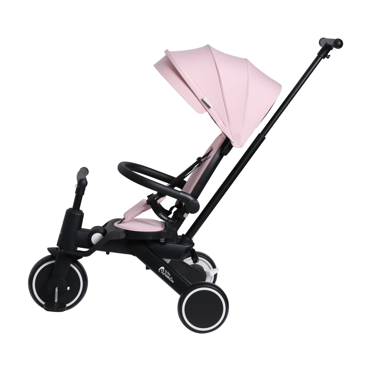 Pink baby stroller with black frame on a white background