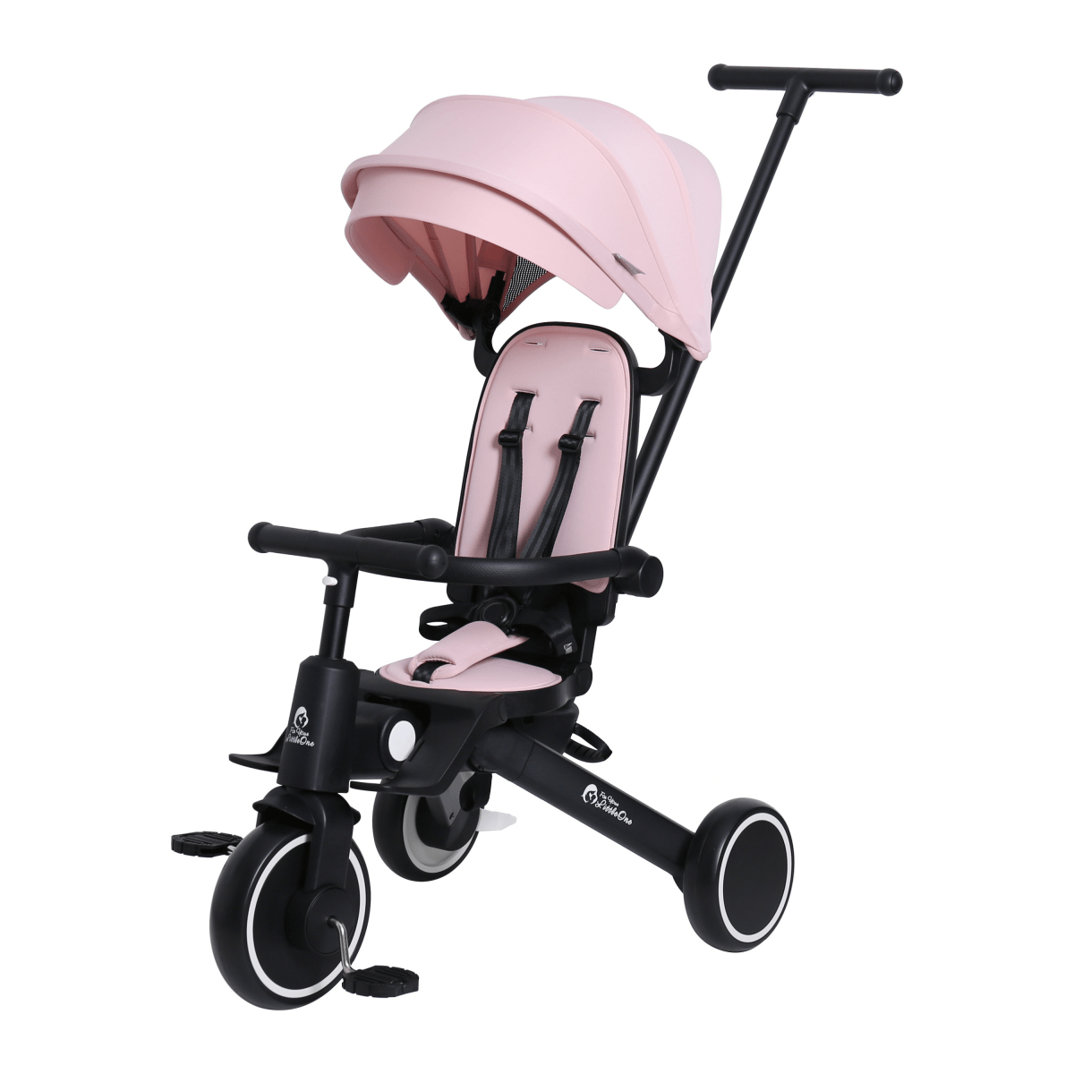 Pink baby stroller with canopy on a white background