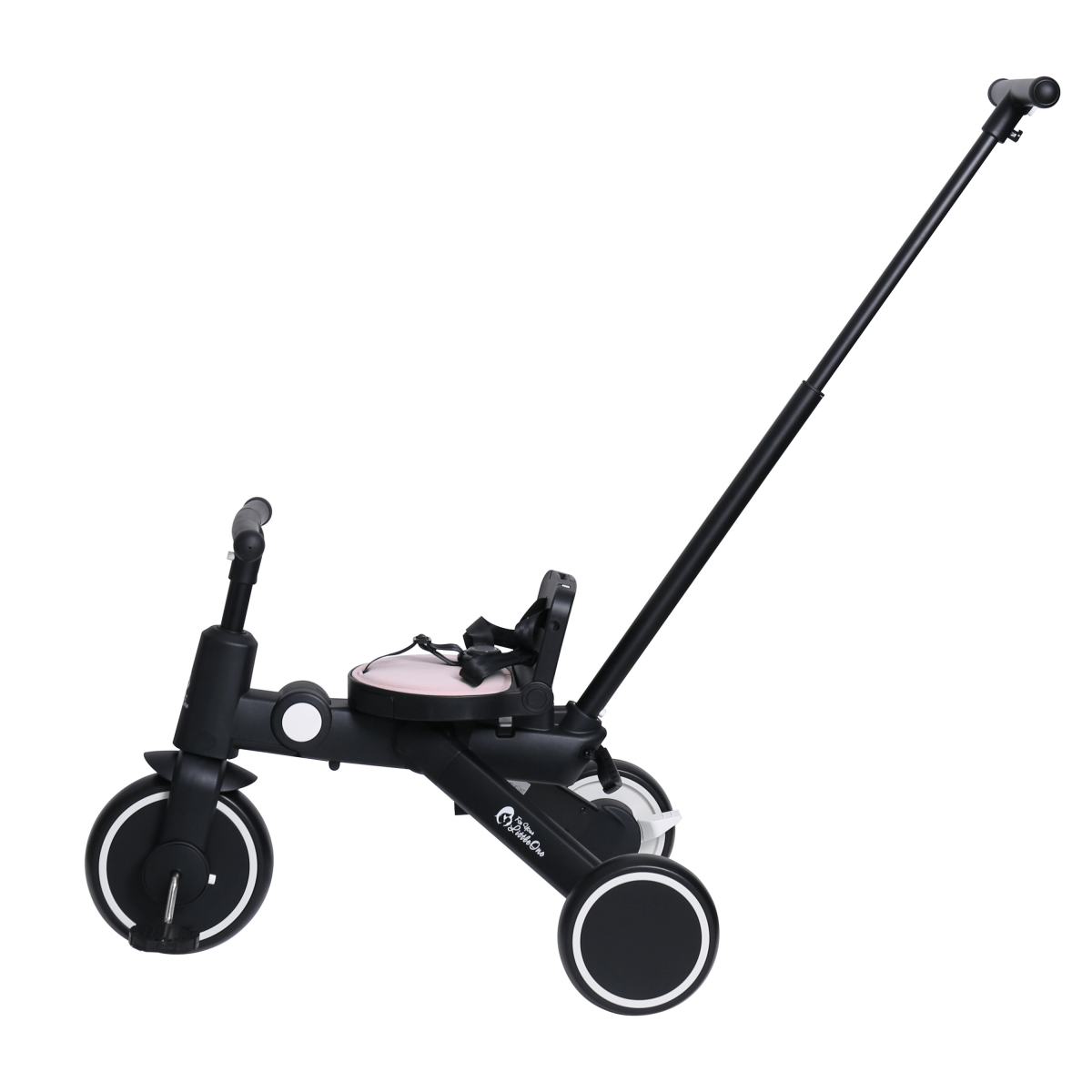 Black children's tricycle with a steering bar on a white background