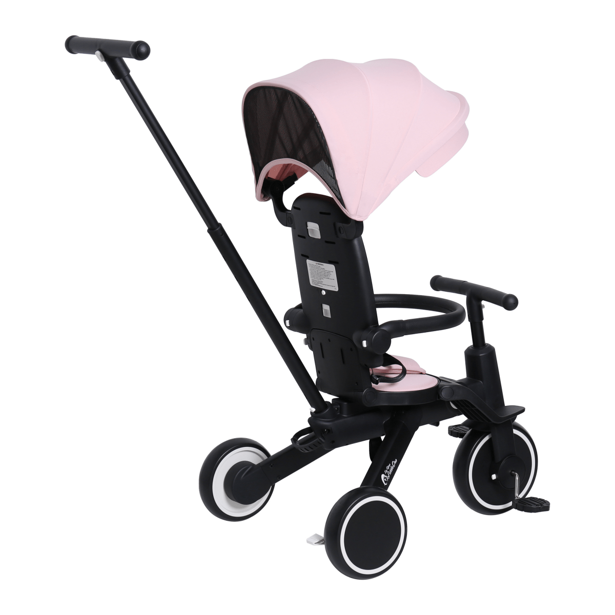 Black and pink baby stroller with canopy on a white background