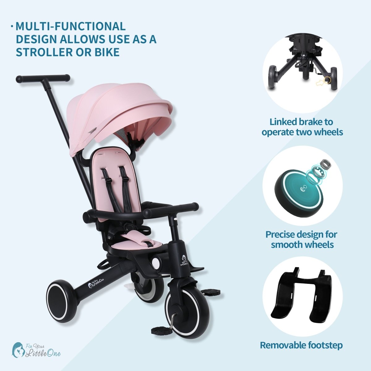 Pink and black multi-functional stroller or bike with features highlighted on a light blue background.