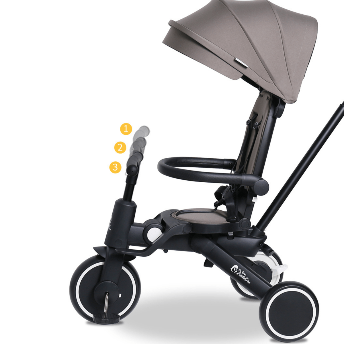 Black and gray baby stroller with canopy on a white background