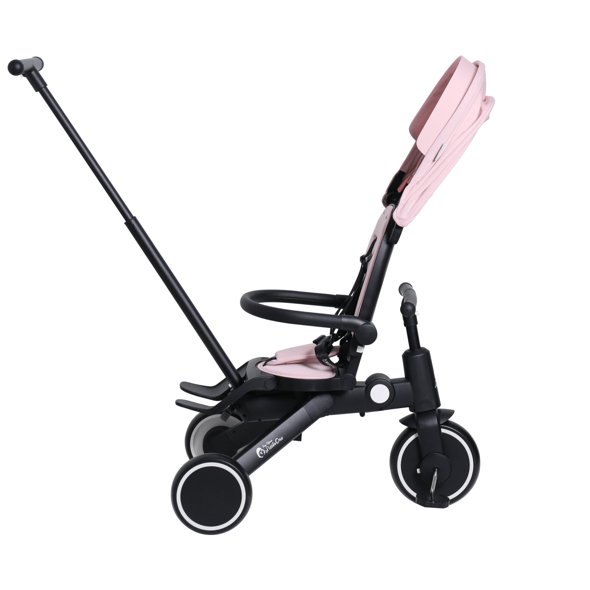 Black and pink stroller on a white background