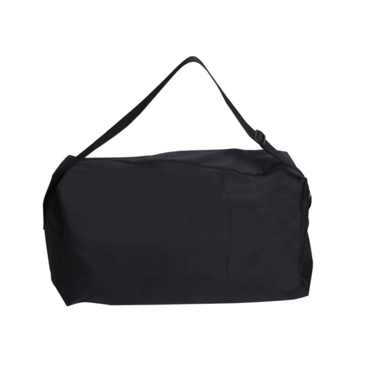 Black duffel bag with a strap on a white background
